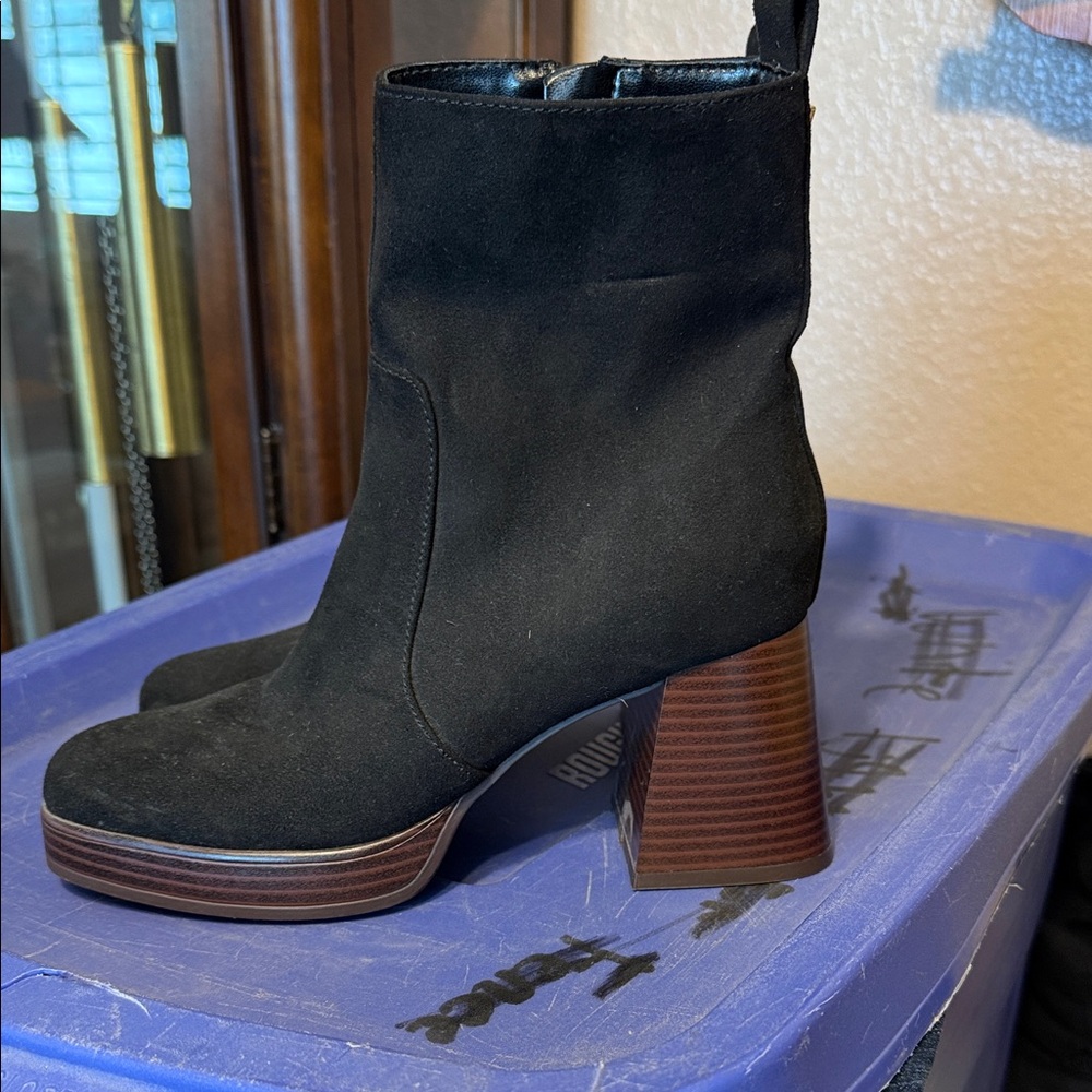 Guess Black Suede Platform Ankle Boots with Stacked Brown Heel